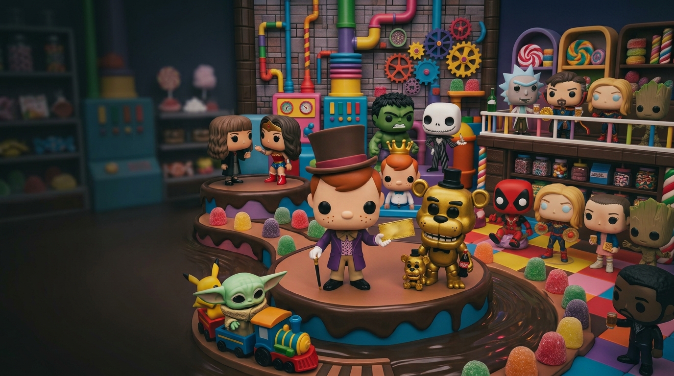 Pop! figures from Marvel, DC, Star Wars, Pokemon and more, arranged across a candy-factory display.